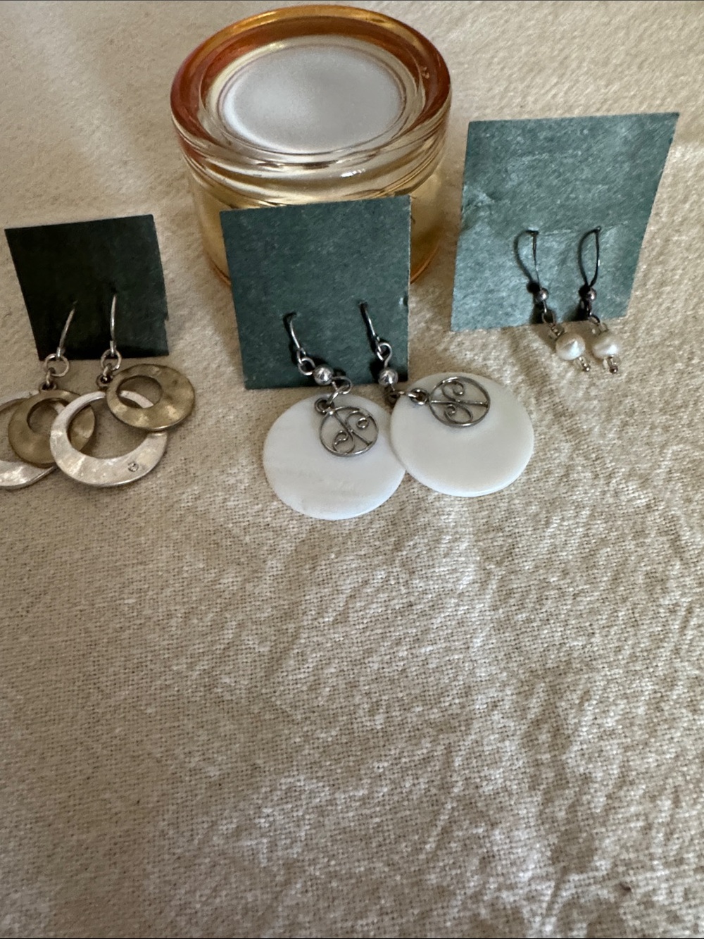 White Disc Dangle Earrings with Silver Detail